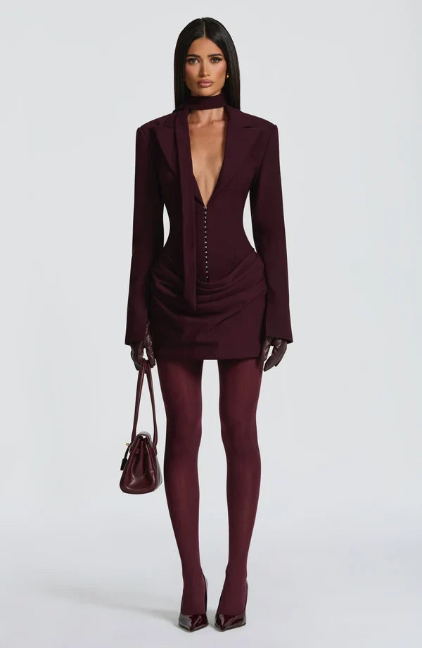 Long sleeve blazer-style homecoming mini dress with peak lapels, hook-front corset bodice and draped hip - view 22