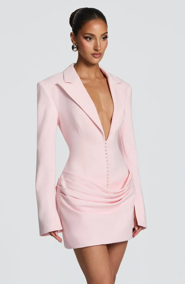 Long sleeve blazer-style homecoming mini dress with peak lapels, hook-front corset bodice and draped hip - view 24