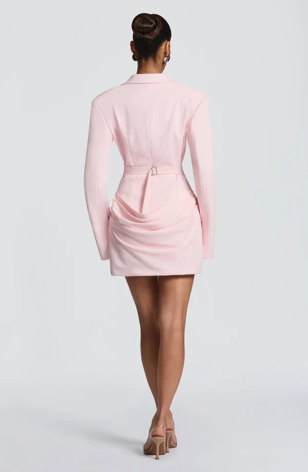 Long sleeve blazer-style homecoming mini dress with peak lapels, hook-front corset bodice and draped hip - view 25