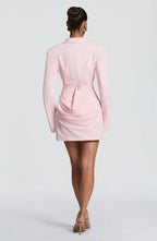 Long sleeve blazer-style homecoming mini dress with peak lapels, hook-front corset bodice and draped hip - view 25