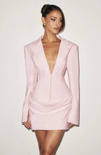 Long sleeve blazer-style homecoming mini dress with peak lapels, hook-front corset bodice and draped hip - view 27