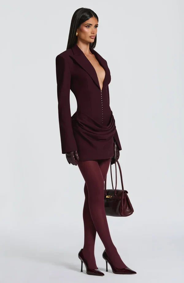 Long sleeve blazer-style homecoming mini dress with peak lapels, hook-front corset bodice and draped hip - view 32