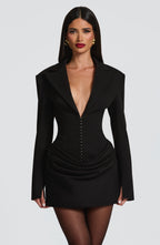 Long sleeve blazer-style homecoming mini dress with peak lapels, hook-front corset bodice and draped hip - view 8