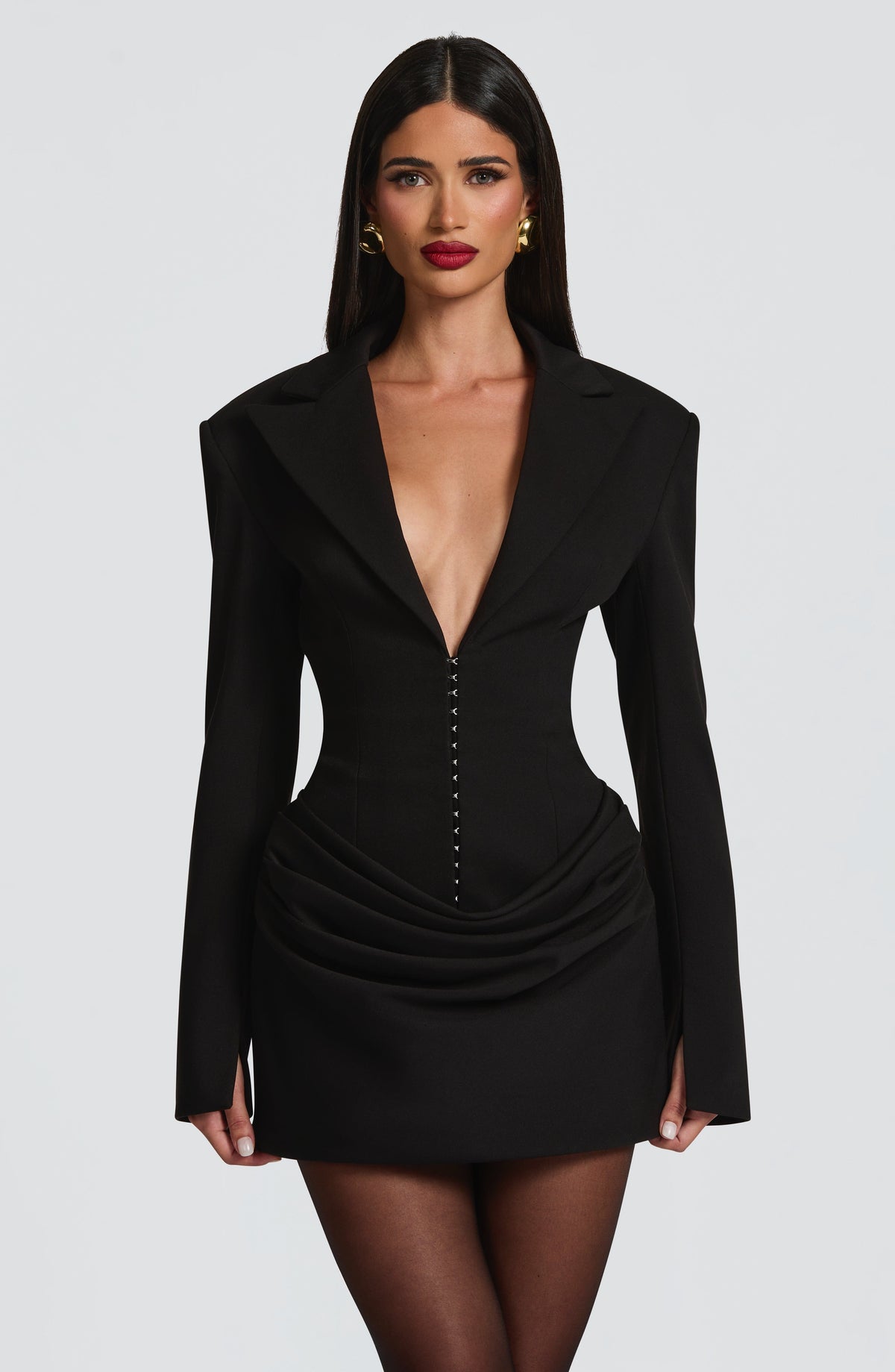 Long sleeve blazer-style homecoming mini dress with peak lapels, hook-front corset bodice and draped hip - view 8