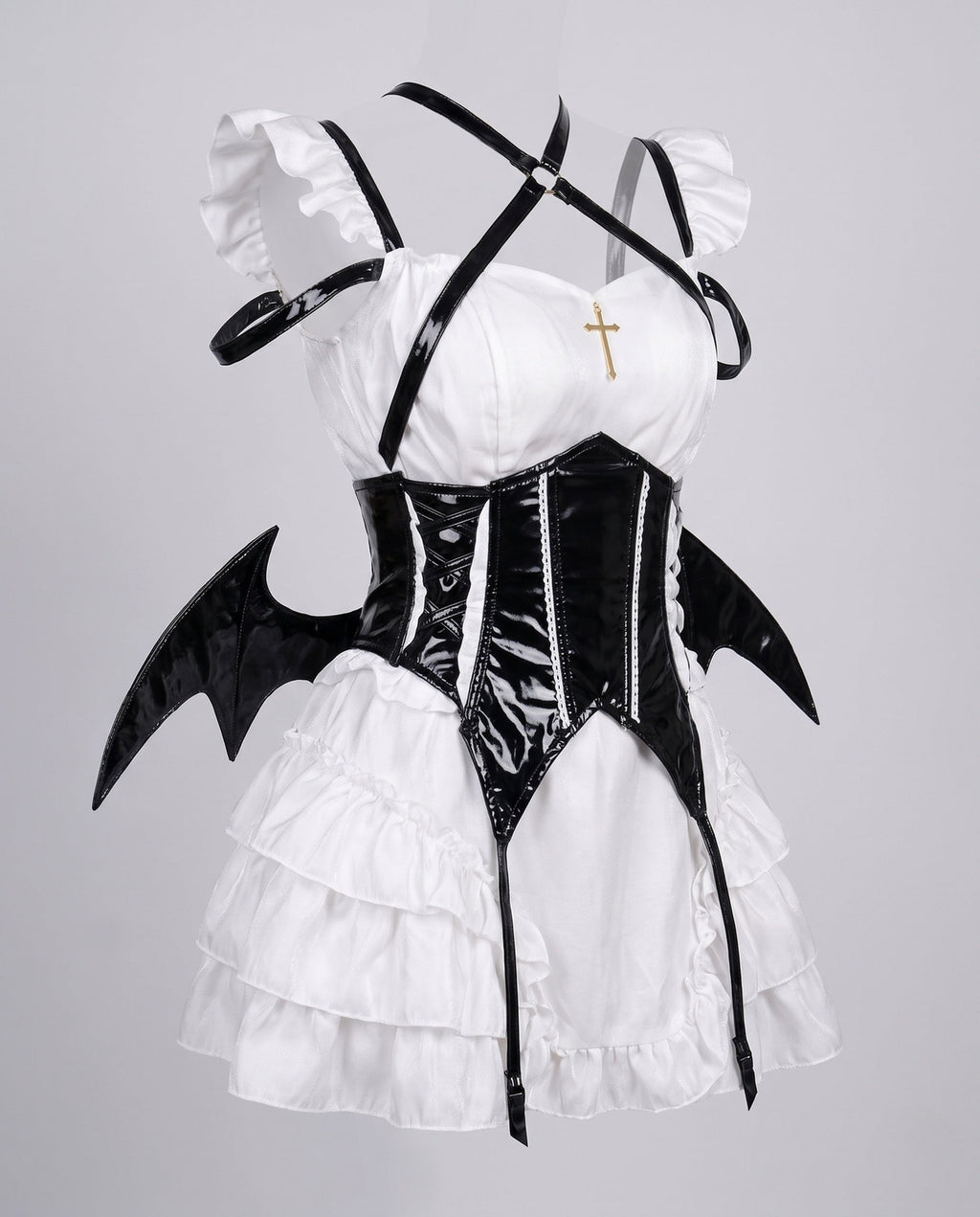 Women's vampire Halloween costume with ruffled white mini dress, black patent-look corset belt and bat wings - view 4