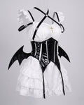 Women's vampire Halloween costume with ruffled white mini dress, black patent-look corset belt and bat wings - view 4