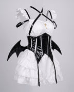 Women's vampire Halloween costume with ruffled white mini dress, black patent-look corset belt and bat wings - view 4
