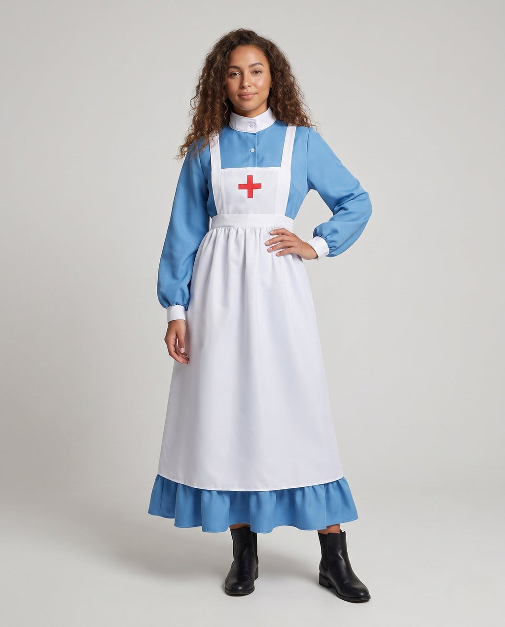 Women's historical nurse costume with blue long sleeve dress and white red cross bib apron