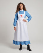 Women's historical nurse costume with blue long sleeve dress and white red cross bib apron
