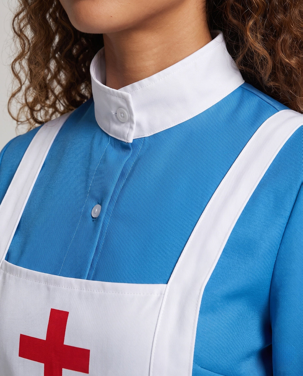 Women's historical nurse costume with blue long sleeve dress and white red cross bib apron - view 2