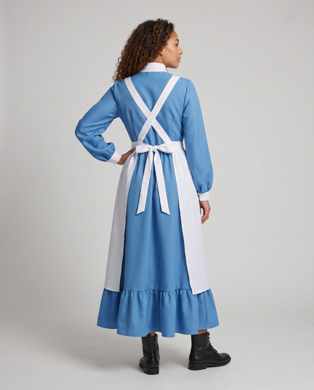 Women's historical nurse costume with blue long sleeve dress and white red cross bib apron - view 3