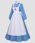Women's historical nurse costume with blue long sleeve dress and white red cross bib apron - view 4