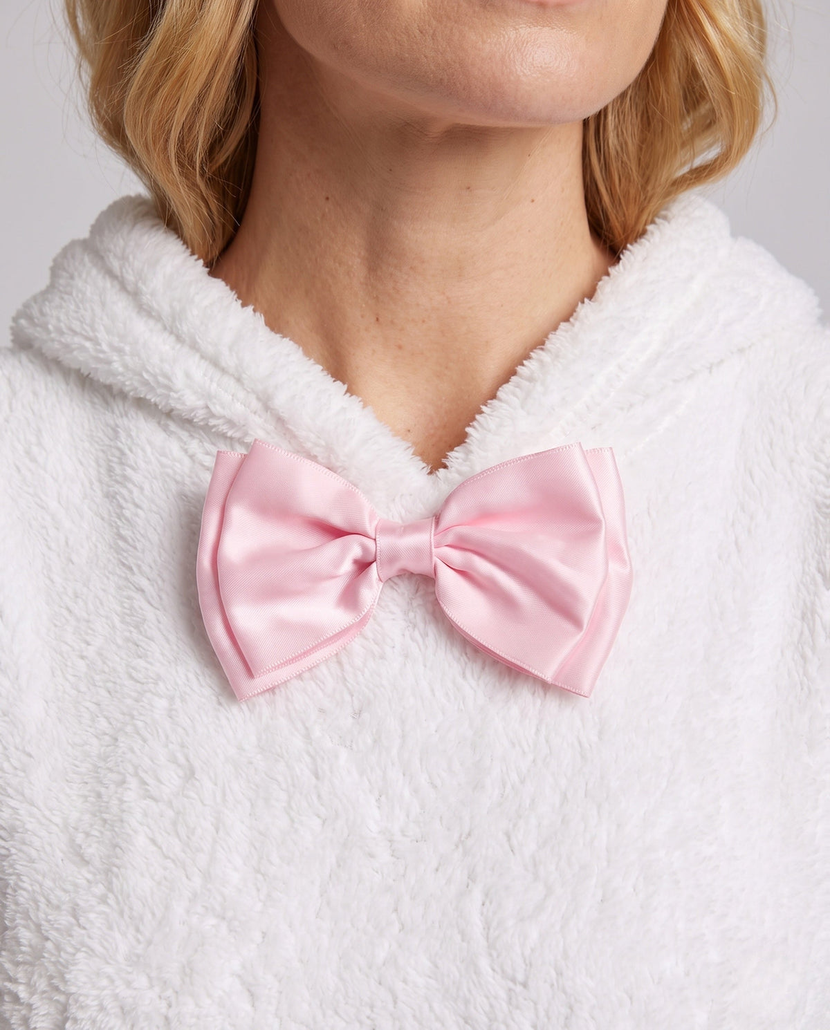White plush hooded bunny costume dress with pink-lined ears and pink bow - view 2