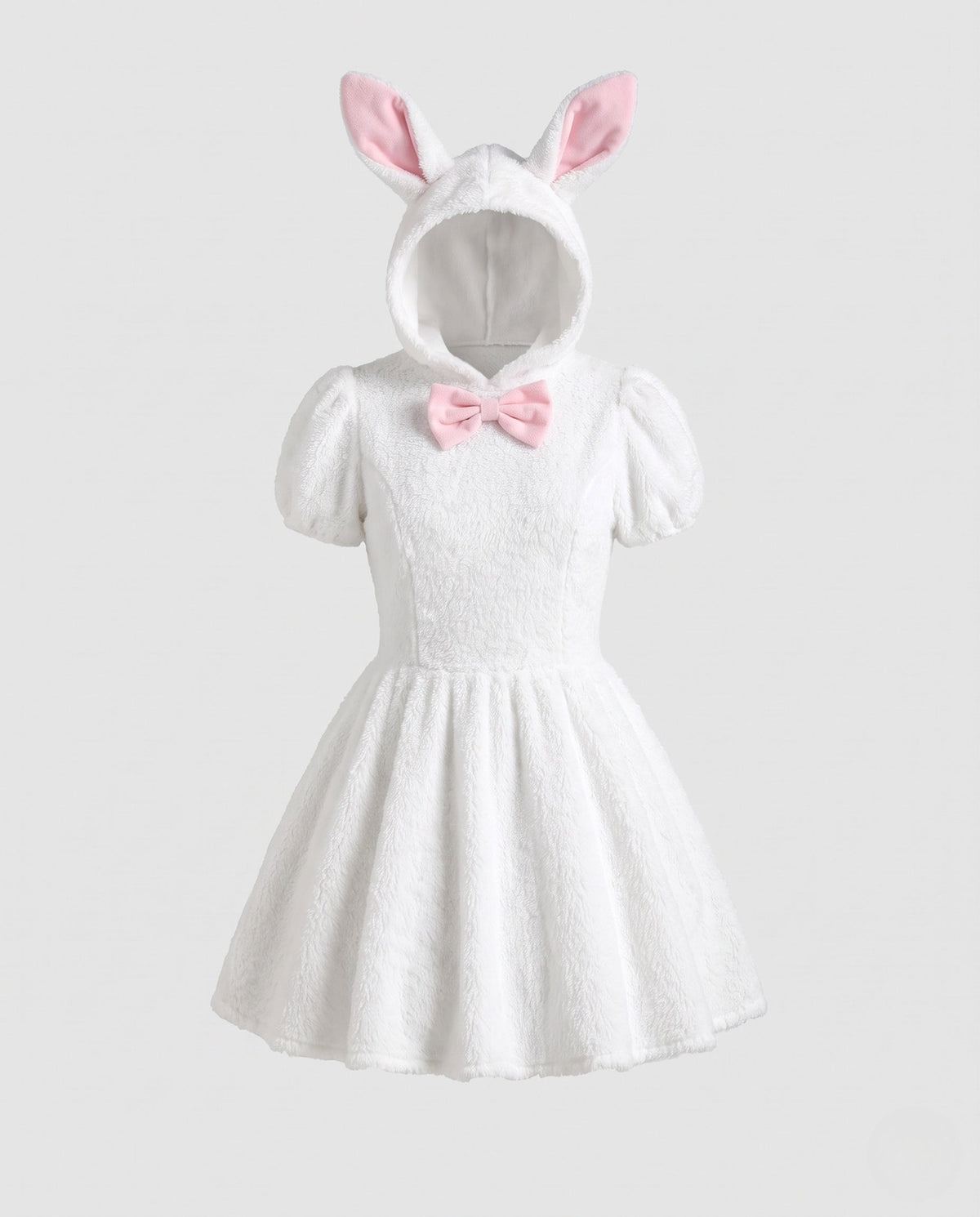 White plush hooded bunny costume dress with pink-lined ears and pink bow - view 4