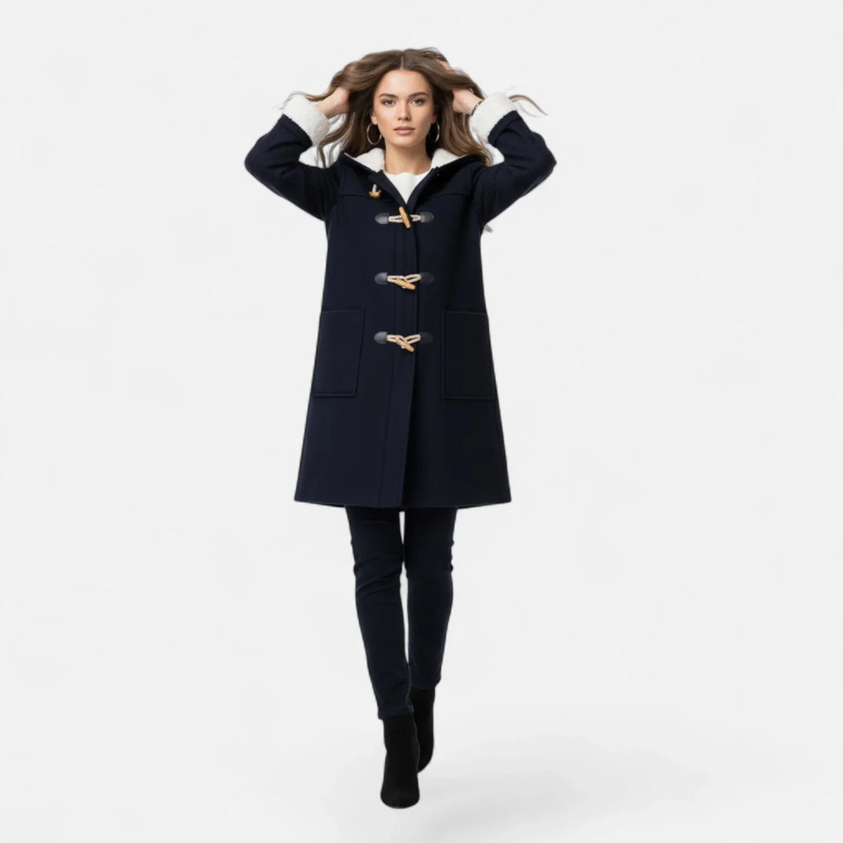 Linda hooded toggle coat with shearling trim - view 2