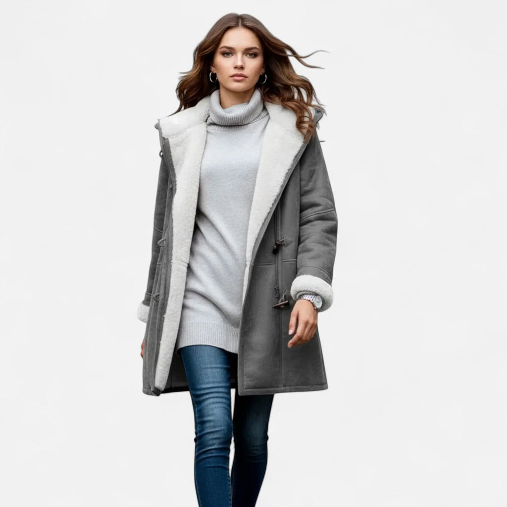 Linda hooded toggle coat with shearling trim - view 5