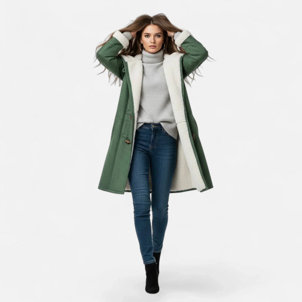 Linda hooded toggle coat with shearling trim - view 9