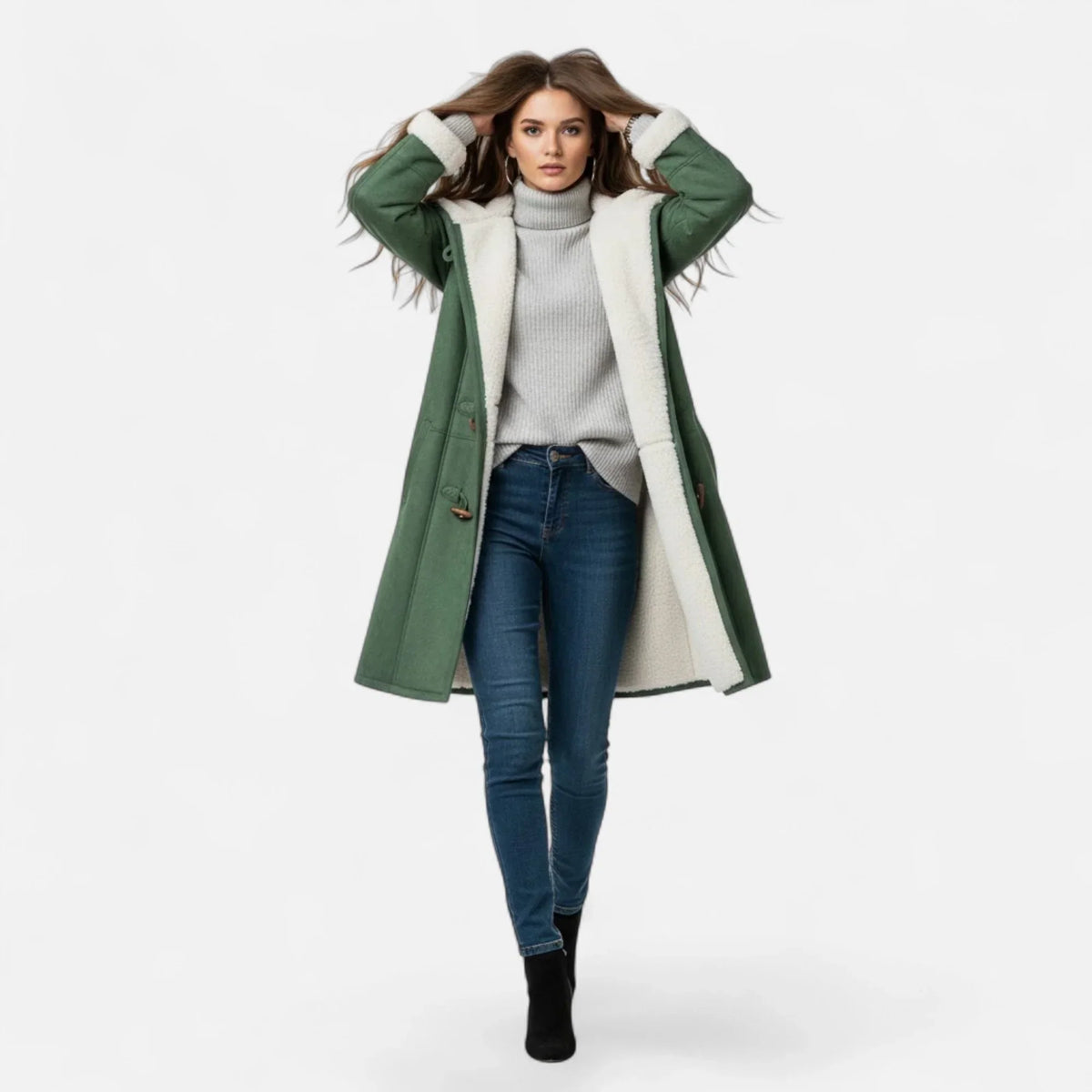 Linda hooded toggle coat with shearling trim - view 9