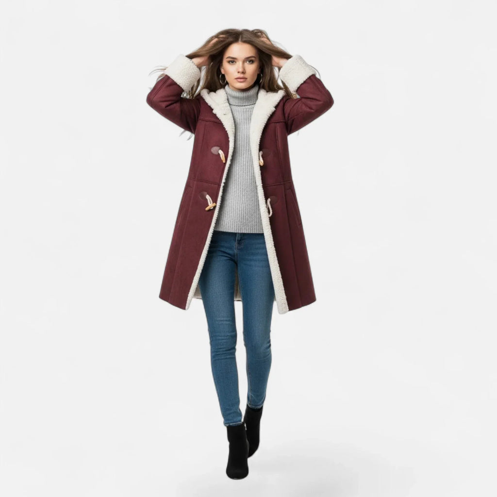 Linda hooded toggle coat with shearling trim - view 12
