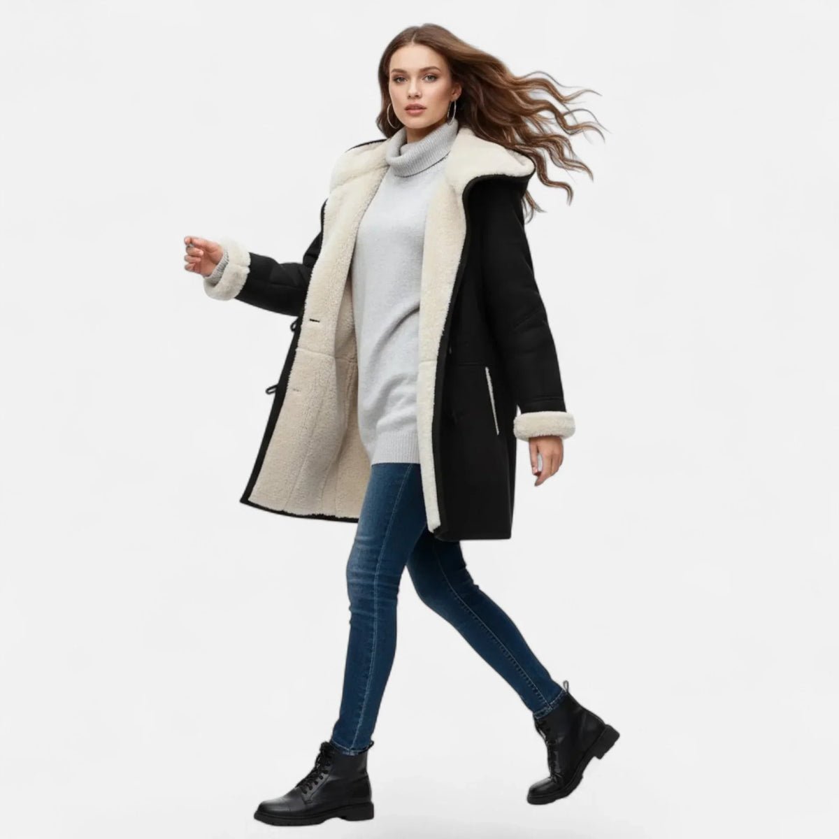 Linda hooded toggle coat with shearling trim - view 14