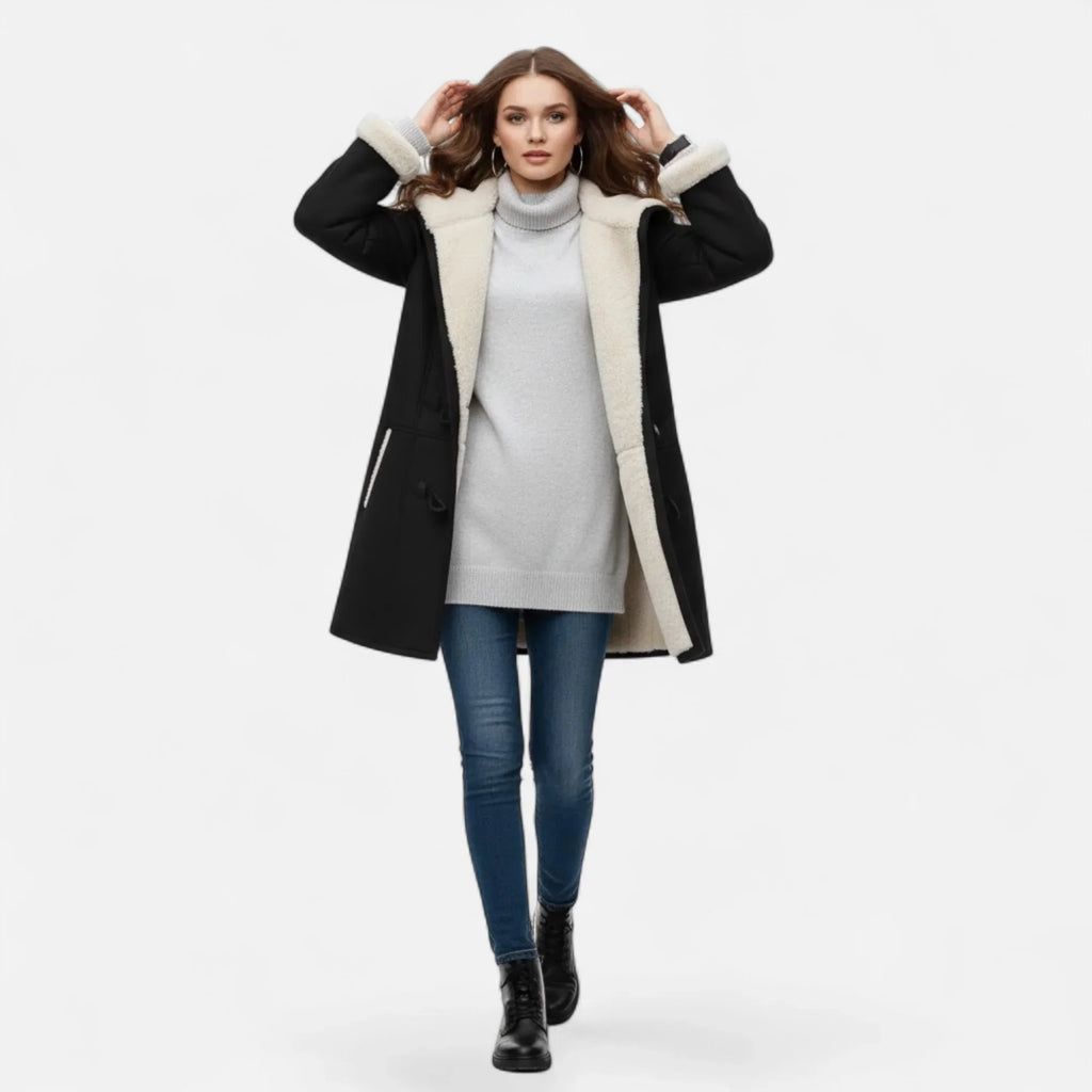 Linda hooded toggle coat with shearling trim - view 15