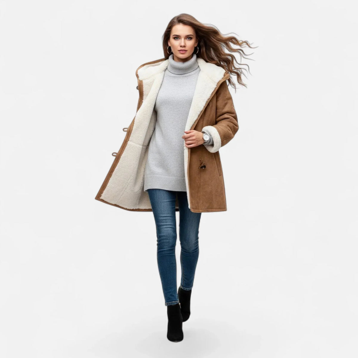 Linda hooded toggle coat with shearling trim - view 20