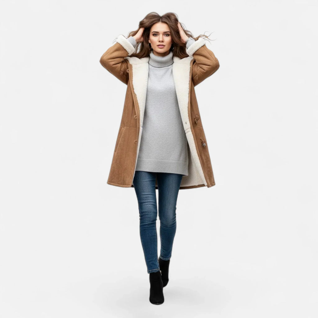 Linda hooded toggle coat with shearling trim - view 21