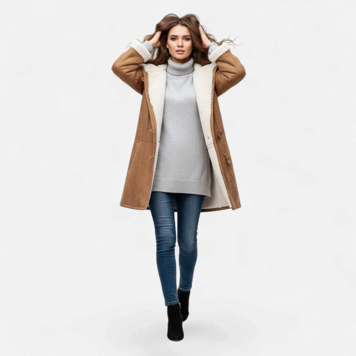 Linda hooded toggle coat with shearling trim - view 21