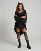 Black gothic Halloween costume dress with lace-up velvet bodice, mesh bell sleeves and jagged layered hem
