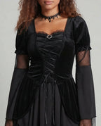 Black gothic Halloween costume dress with lace-up velvet bodice, mesh bell sleeves and jagged layered hem - view 2