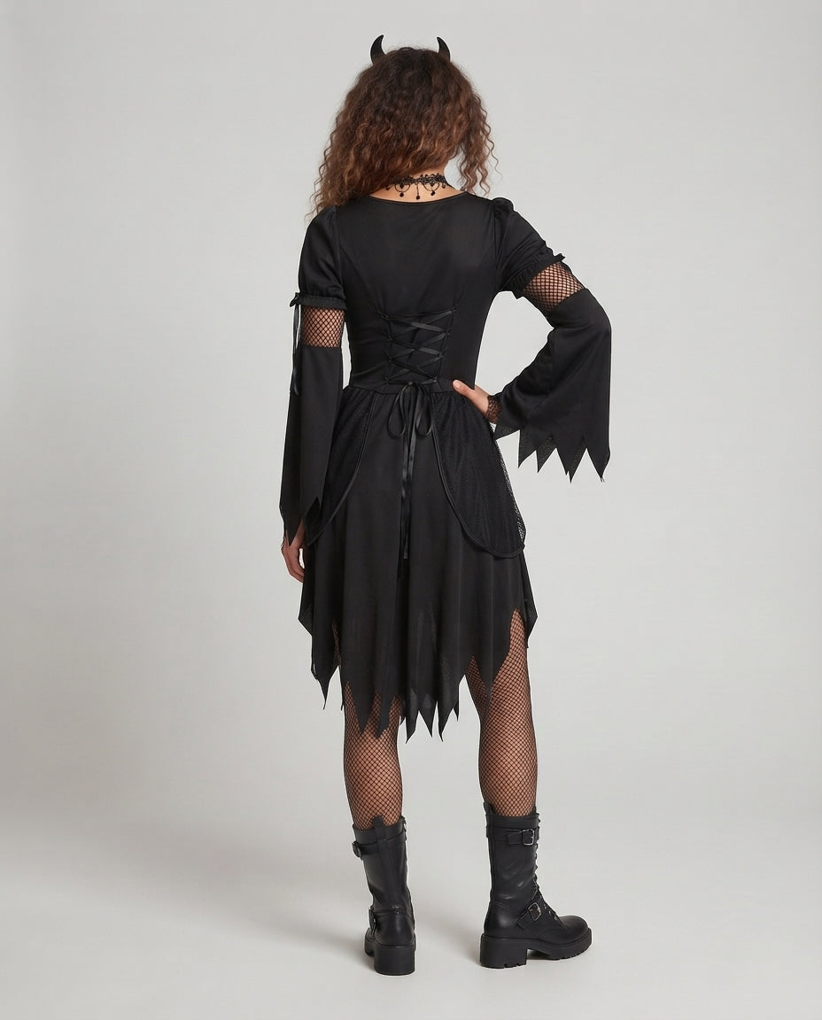 Black gothic Halloween costume dress with lace-up velvet bodice, mesh bell sleeves and jagged layered hem - view 3