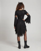 Black gothic Halloween costume dress with lace-up velvet bodice, mesh bell sleeves and jagged layered hem - view 3