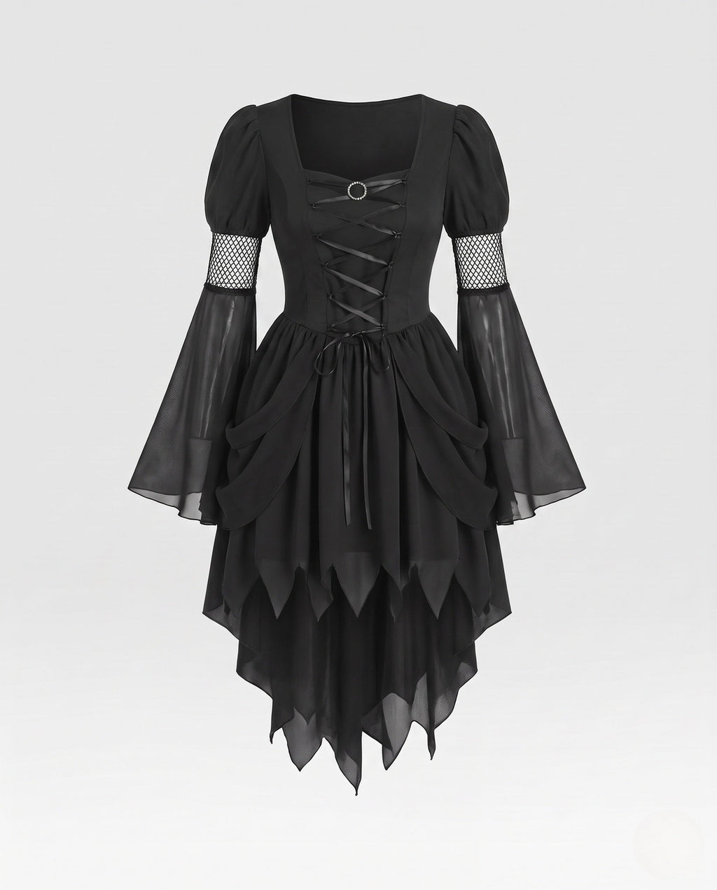 Black gothic Halloween costume dress with lace-up velvet bodice, mesh bell sleeves and jagged layered hem - view 4
