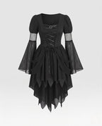Black gothic Halloween costume dress with lace-up velvet bodice, mesh bell sleeves and jagged layered hem - view 4