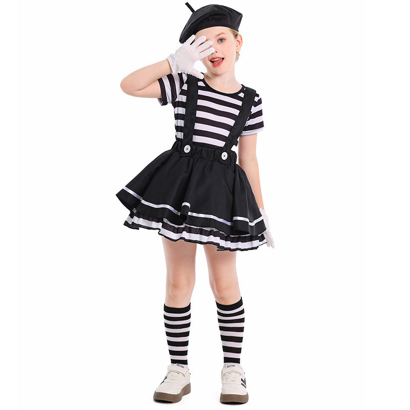 Girls mime Halloween costume with striped top, black ruffle suspender skirt, beret and white gloves