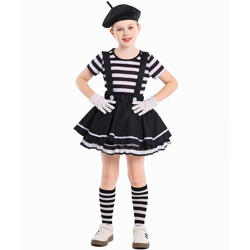 Girls mime Halloween costume with striped top, black ruffle suspender skirt, beret and white gloves - view 2