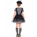 Girls mime Halloween costume with striped top, black ruffle suspender skirt, beret and white gloves - view 3