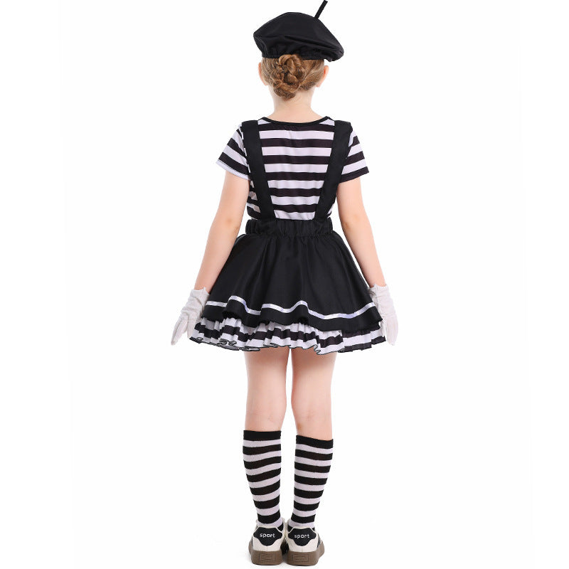 Girls mime Halloween costume with striped top, black ruffle suspender skirt, beret and white gloves - view 3