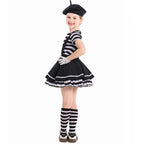 Girls mime Halloween costume with striped top, black ruffle suspender skirt, beret and white gloves - view 4