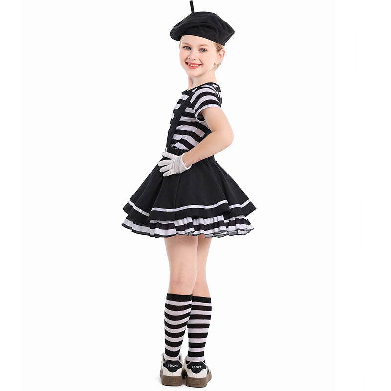 Girls mime Halloween costume with striped top, black ruffle suspender skirt, beret and white gloves - view 4