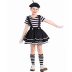 Girls mime Halloween costume with striped top, black ruffle suspender skirt, beret and white gloves - view 5