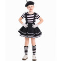 Girls mime Halloween costume with striped top, black ruffle suspender skirt, beret and white gloves - view 7