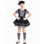 Girls mime Halloween costume with striped top, black ruffle suspender skirt, beret and white gloves - view 7