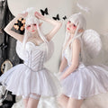 Women's white angel costume with satin corset-style bodice and sparkly tulle mini skirt