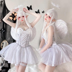Women's white angel costume with satin corset-style bodice and sparkly tulle mini skirt