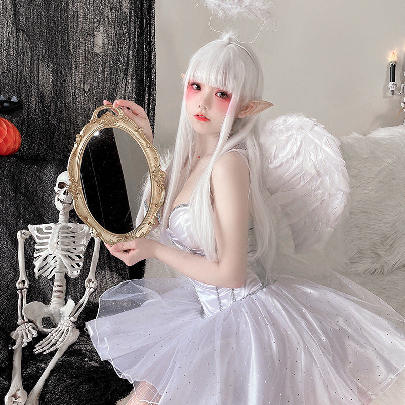Women's white angel costume with satin corset-style bodice and sparkly tulle mini skirt - view 2
