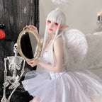 Women's white angel costume with satin corset-style bodice and sparkly tulle mini skirt - view 2
