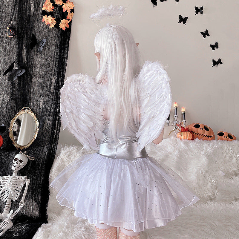 Women's white angel costume with satin corset-style bodice and sparkly tulle mini skirt - view 3
