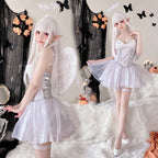 Women's white angel costume with satin corset-style bodice and sparkly tulle mini skirt - view 4