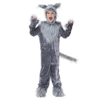 Kids gray plush wolf Halloween costume with eared hood, faux fur chest, paw mitts and tail